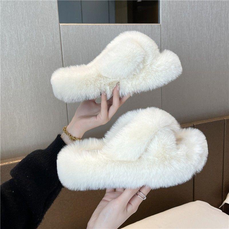 Women's Furry Platform Slippers - Thick Bottom Cross Strap for Autumn/Winter, Height-Increasing, Soft Cotton for Home or Outdoor Use