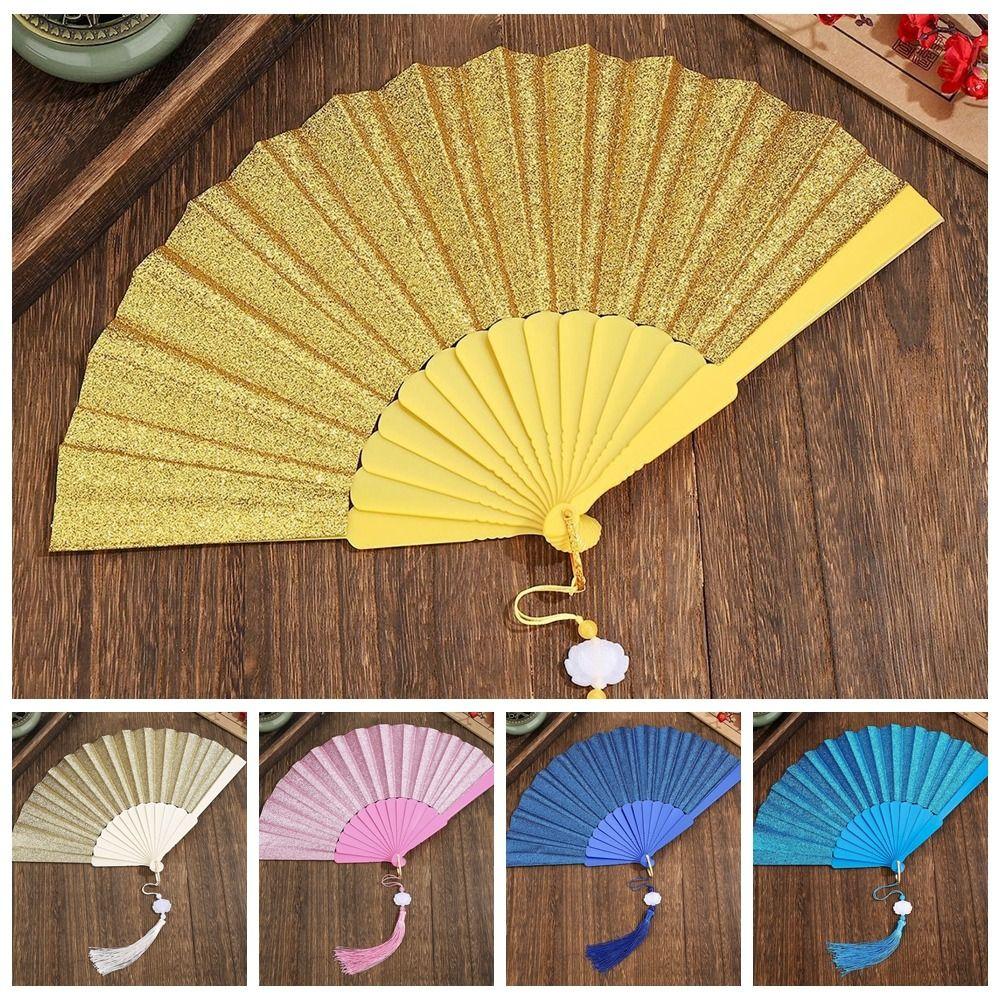Plastic Folding Fan Tassels Handheld Fan Portable Gold Powder Fan Home Decoration