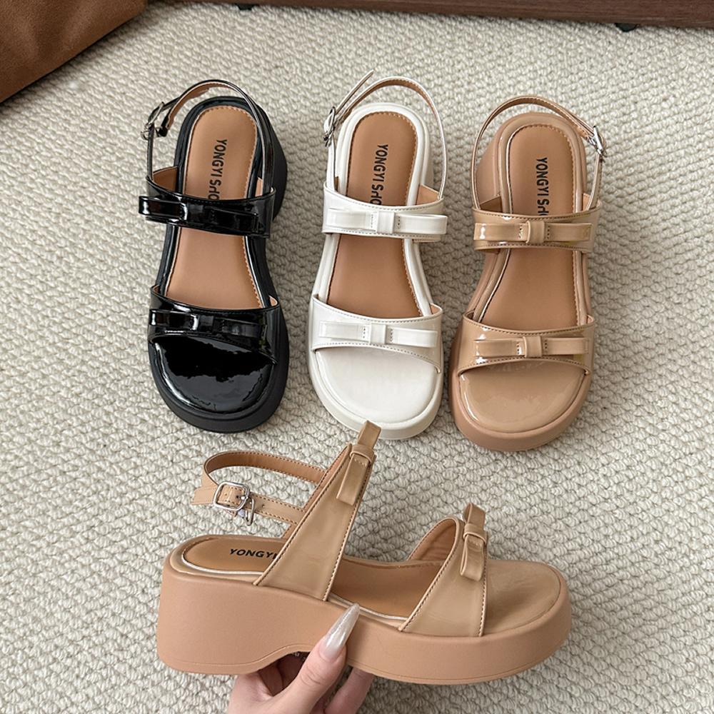 2025 Sandals Bow Shoes Clogs With Heel Open Toe Increasing Height New Retro Thick Summer Girls Peep Gladiator Scandals Rome
