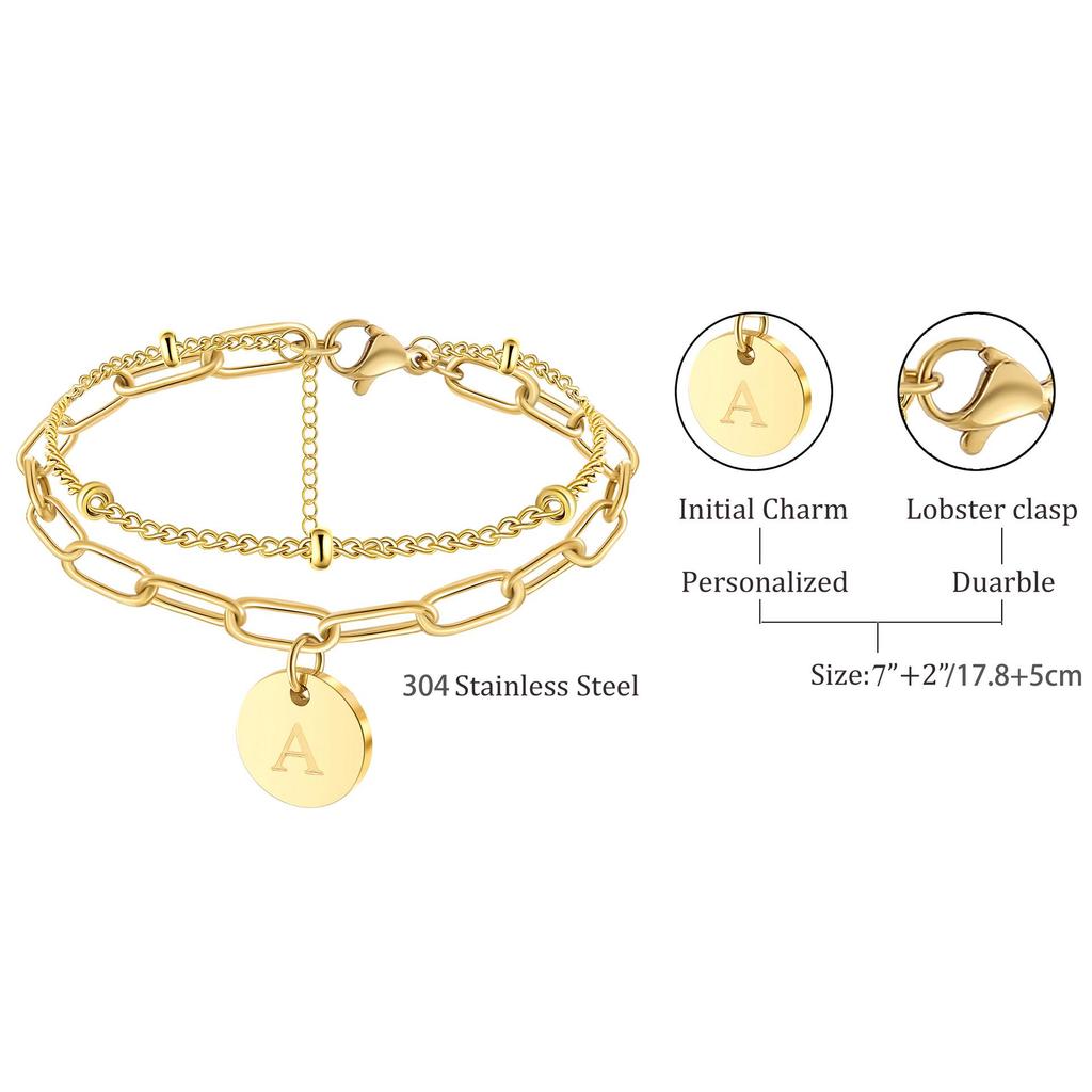 18K Gold Plated Stainless Steel Bracelet - Double Layer Paperclip & Beaded Chain with 26 Letter Pendant for Women
