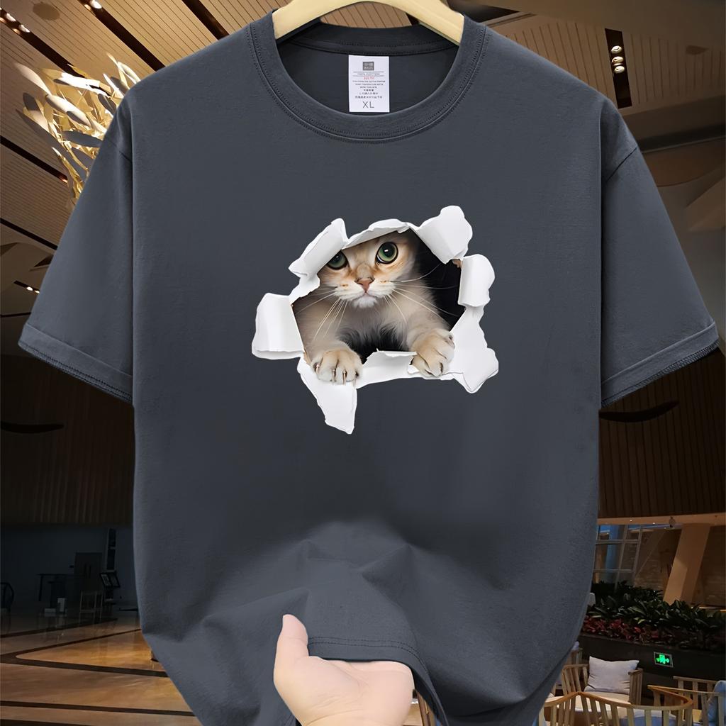 Unisexs Summer 100 Cotton 3D Cat Graphic Printed Fashion Sports and Leisure Loose Round Neck Short Sleeve Tshirt Top