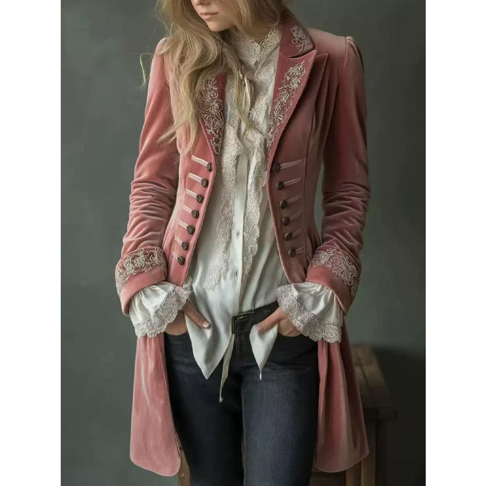 Women's Turn Down Collar Long Sleeve Blazer Regular Fit Elegant Embroidered Velvet Coat