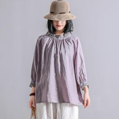 Summer Vintage Linen Patchwork Lace Loose Solid Color Women Shirts Simple Three Quarter Sleeve Tops