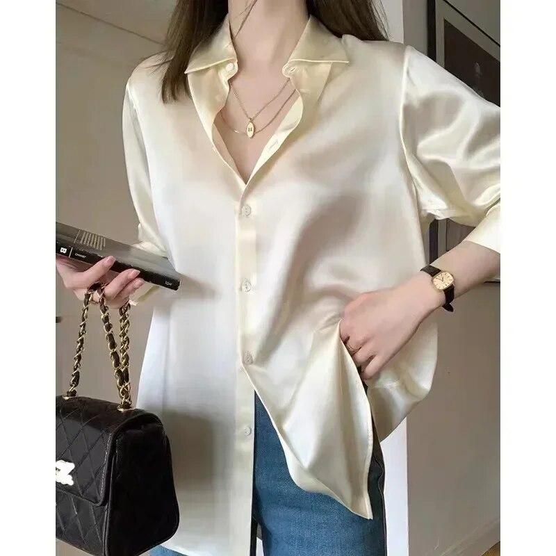 Fashion Satin Silk Long-sleeve Loose Shirts Autumn Office-lady Women French Bottoming Tops Design Shirts Clothes Blusas 29830