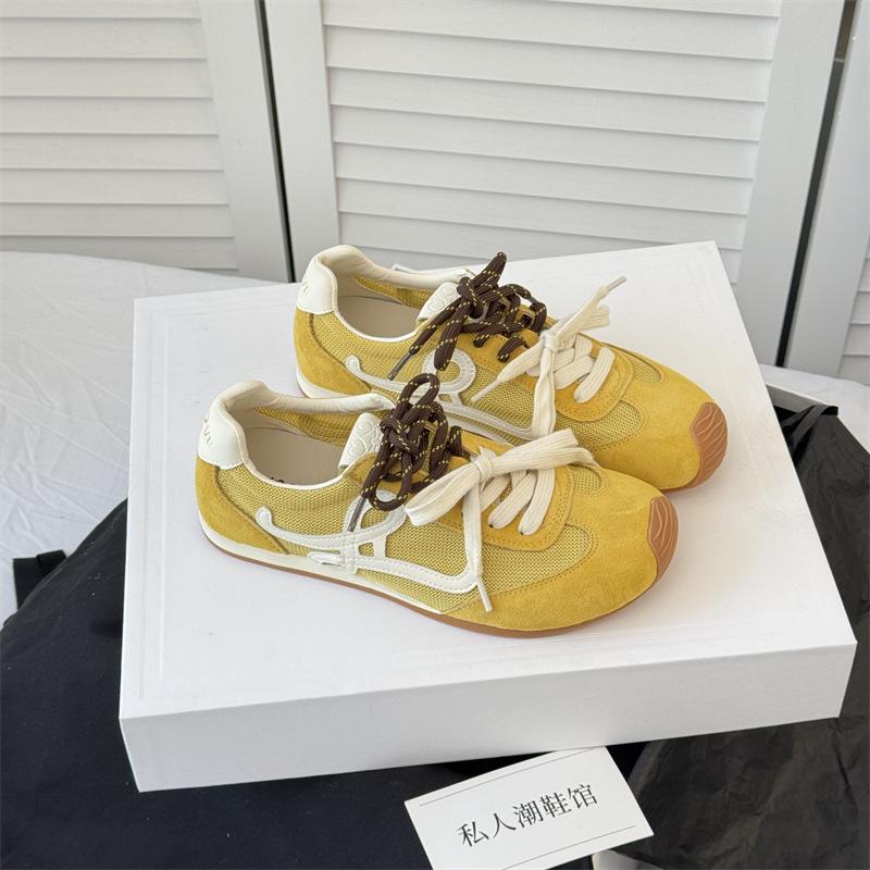 Retro Breathable Mesh German Training Shoes Women's 2025 Spring and Summer New Soft Leather Lace-up Crooked Head Ugly Cute Ballet Forrest Gump Shoes