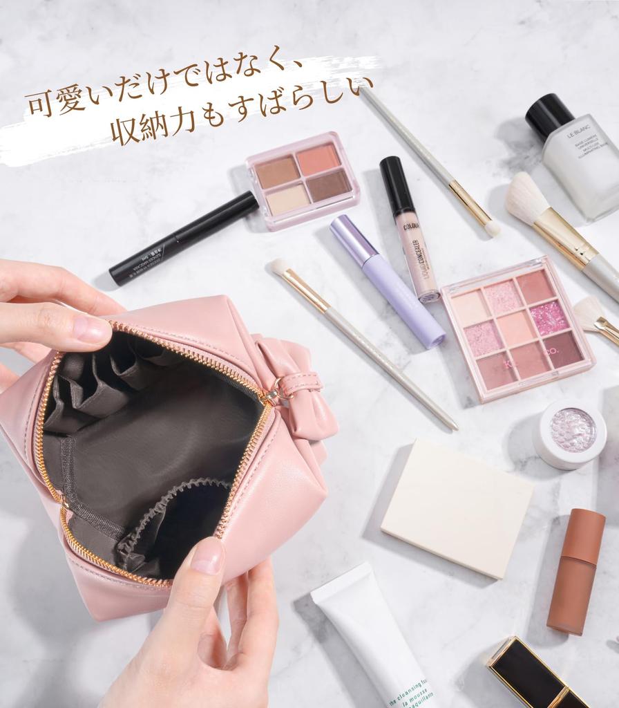 Rownyeon Portable Makeup Cute Ribbon Korean PU Birthday Gift Pouch, Design, Compact, Multi-Compartment, Style, Water-Repellent Leather, Mini, Small,