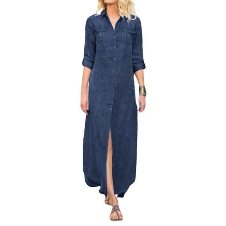2023 Women's Loose Solid Color Casual Denim Dress - Single-breasted, Summer Style