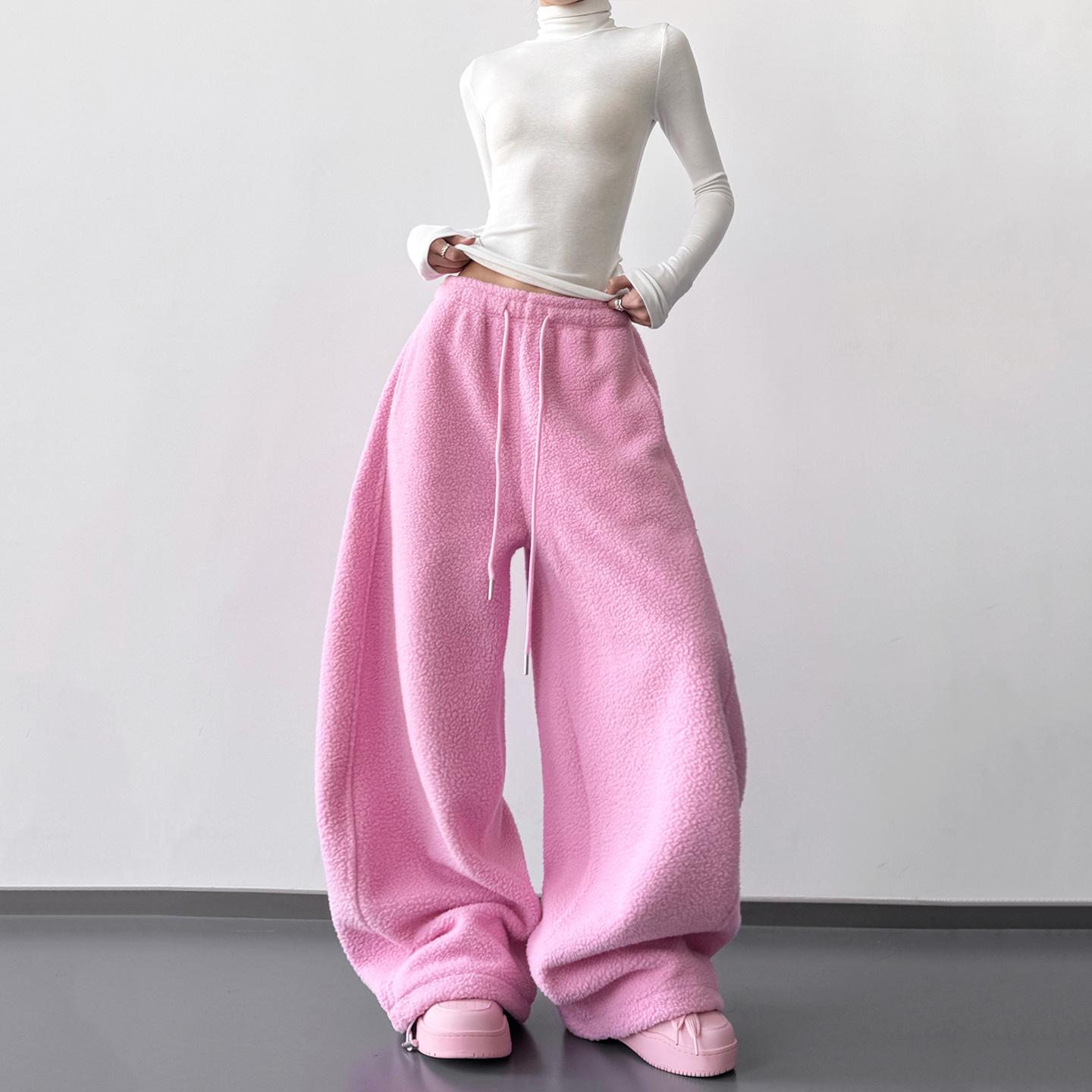 

Women s High-Waisted Fleece-Lined Wide-Leg Lambswool Pants, American Style, Winter 2025. Extra Large рожевий