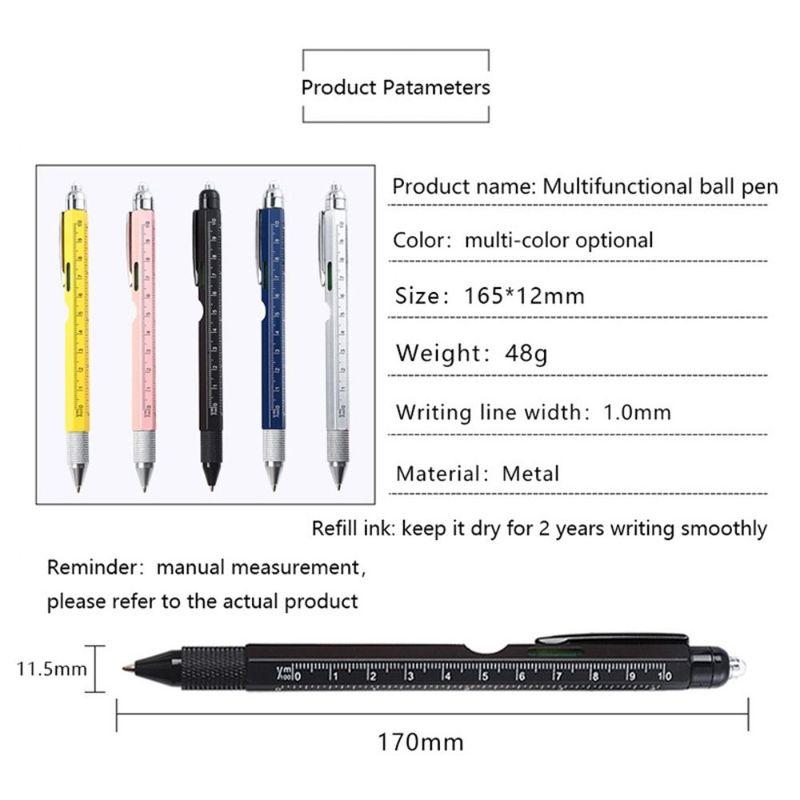 Metal Multi Tool Pen 9-in-1 With LED Light Spirit Level Screwdriver Ruler Ballpoint Pen Woodworking Pen Outdoor Tool Pen