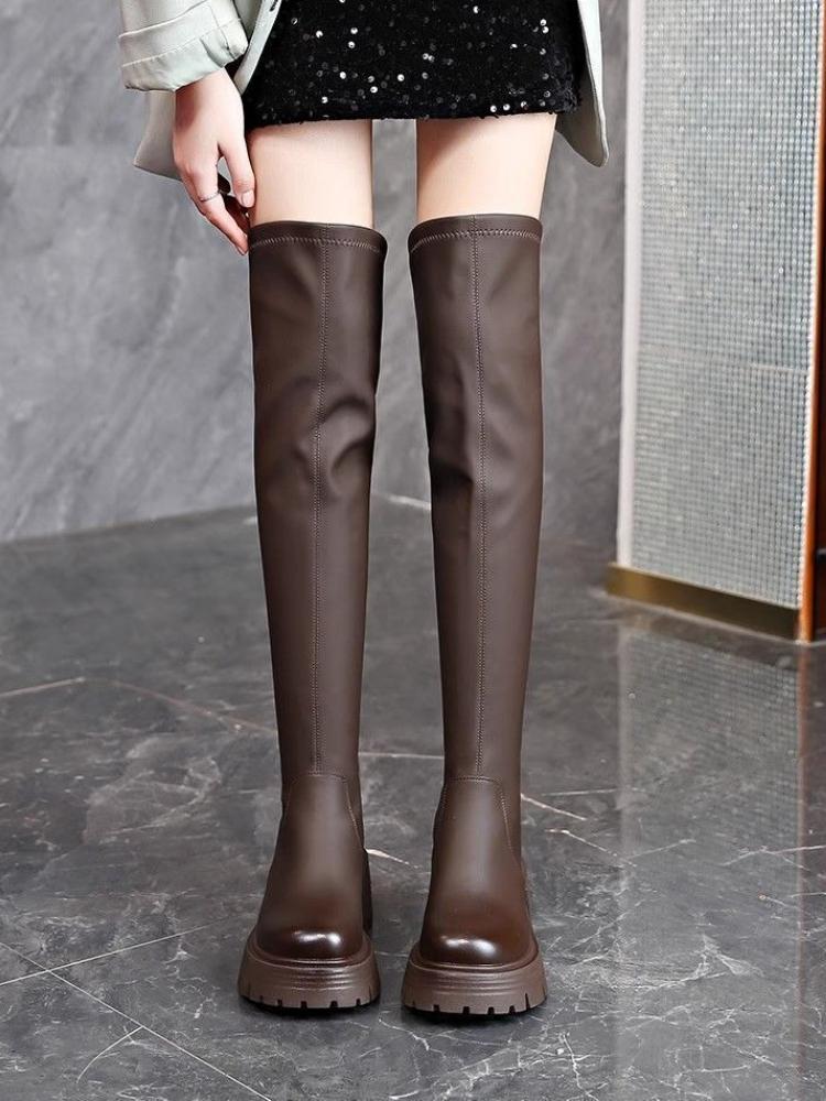 New Arrival Women's Elastic Over-The-Knee Winter Boots  Round Toe Chunky Heel Platform Waterproof Knee-High Boots