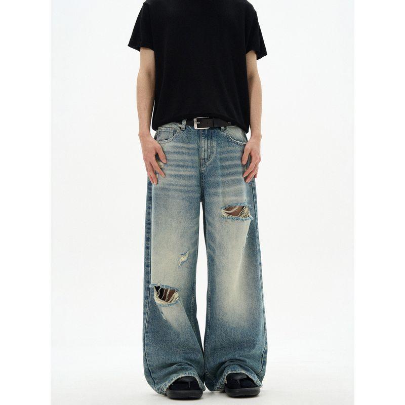 Kisko American Retro Distressed Whiskered Washed Loose Jeans for Men and Women, New Summer Style with Drape Effect