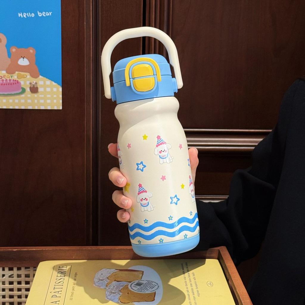 High-value Cartoon Children's Double Drink Bouncing Thermos Cup 316 Stainless Steel Straw Water Cup Handle Pot