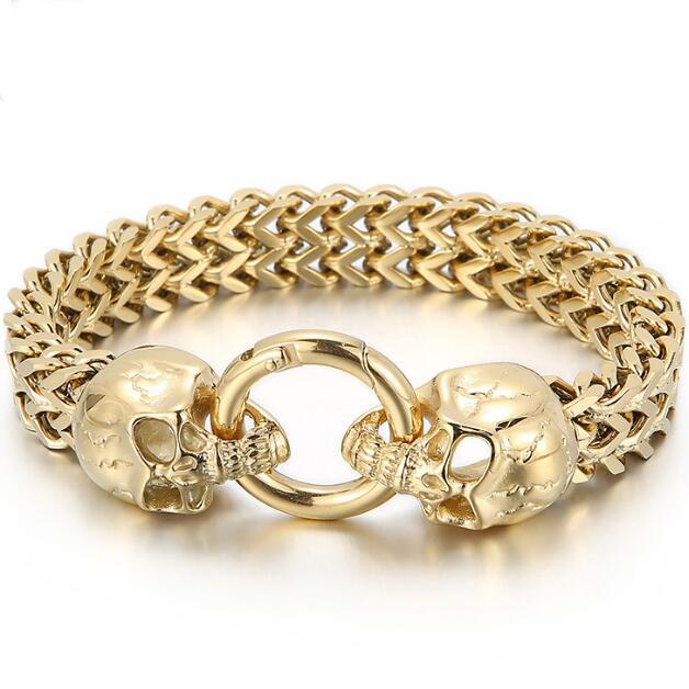 Gothic Double Skull Man Bracelet for Men In Stainless Steel Link Chain Men's Charm Bracelets Steampunk Skeleton Jewellery Guests Gifts