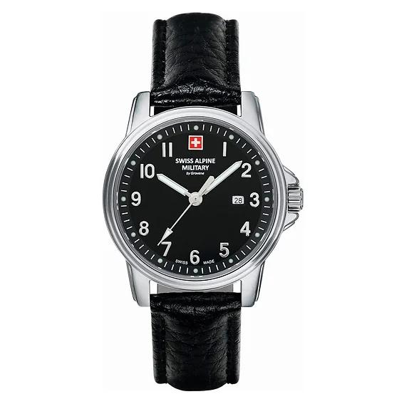 Swiss Alpine Military Leader Женские часы с кожаным ремешком, черный циферблат, кварцевые 7711.1537 100 м чёрный