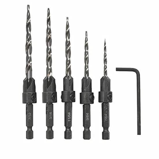 Wolfride Woodworking Drill Bit Countersink Drill Hex Countersink Drill HSS Drill Hole Chamfer DIY Includes Wrench 5-Piece Set, Bit, Shank, Set, Bits,