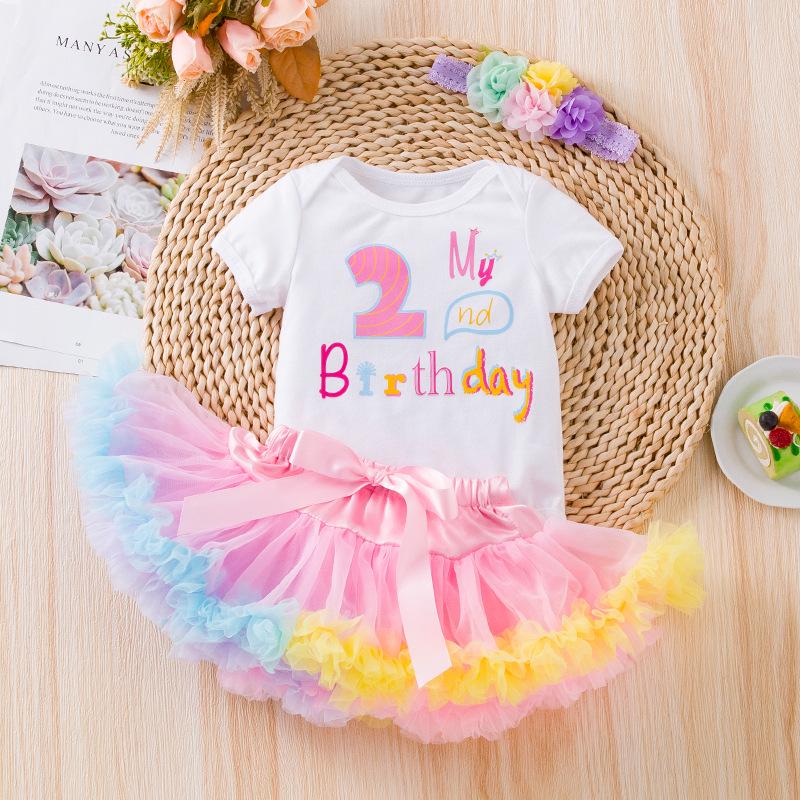 New Style Baby Girl Birthday Outfit: 3-Piece Set with Romper, Short-Sleeved Onesie, and Princess Dress.