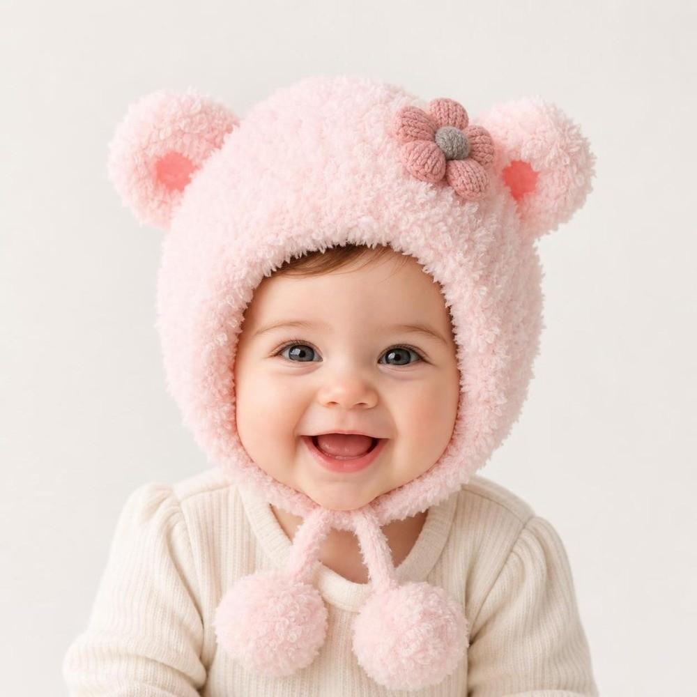 Cute Flower Children Beanie Caps Ear Protection Warm Bonnet Kids Plush Caps  Newborn Toddler