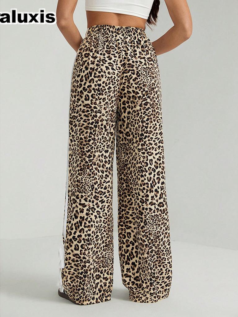 Spring/Autumn New Style Color Block Striped Casual Pants Women High Waist Sports Trousers Loose Wide Leg Long Pants