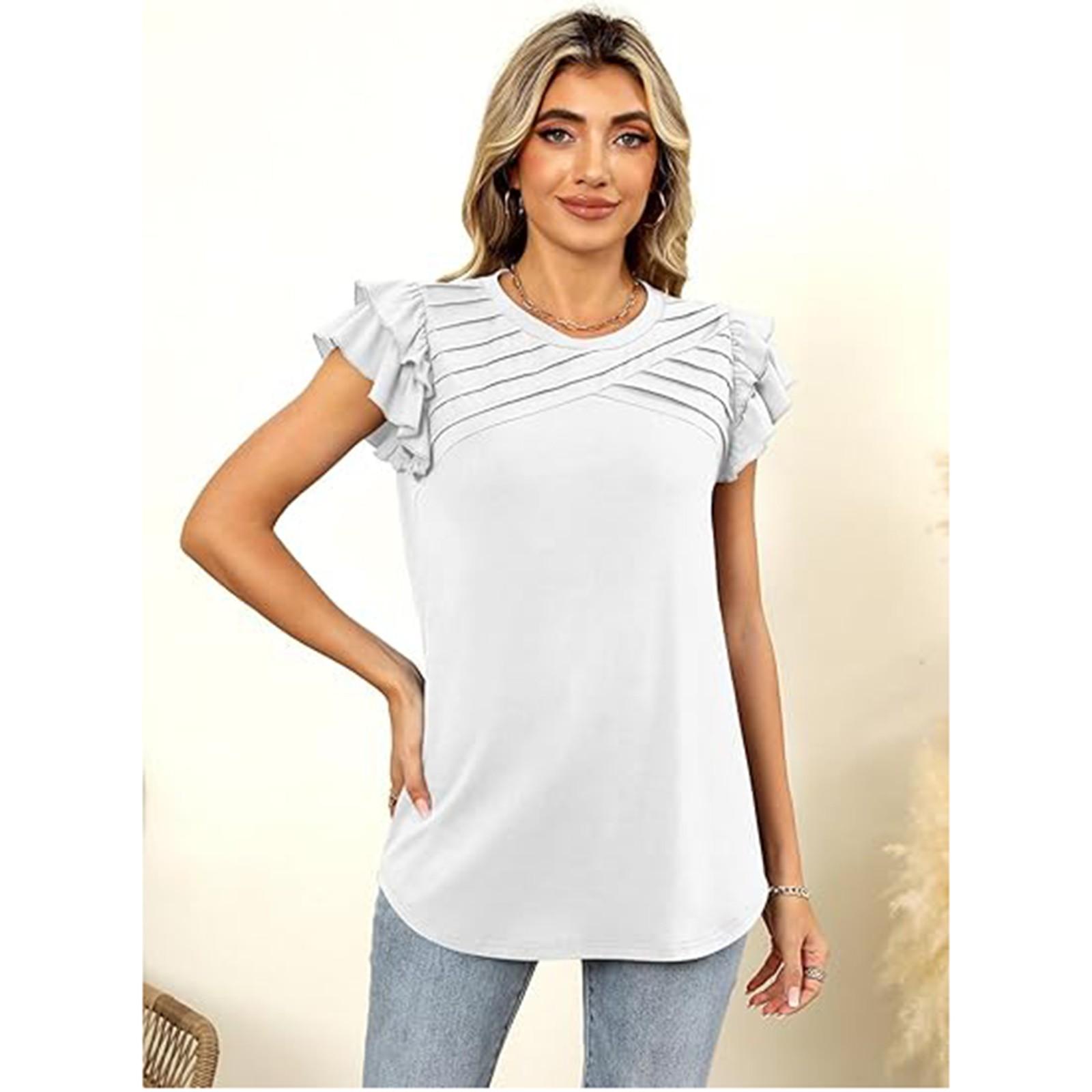 

Женская модная трикотажная футболка однотонного цвета с круглым вырезом, полосками и плиссированными рукавами XL