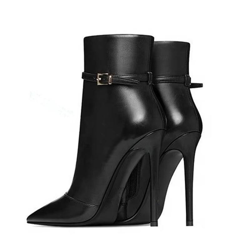 New Pointed Stiletto Extra-High Heel, Side-Opening Zipper Metal Fastener, Runway Plus-Size Women'S Boots, Ankle Boots