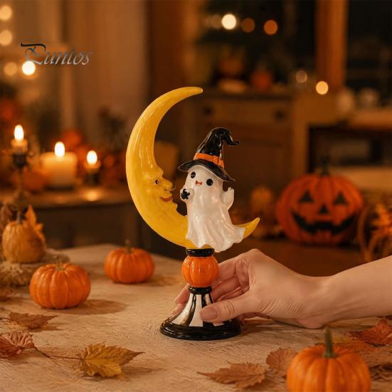 Quirky Window Display Props Halloween Ghost And Moon Resin Ornaments, Cute Spooky Tabletop Figurine, Durable Fall Home Ornaments Statue with