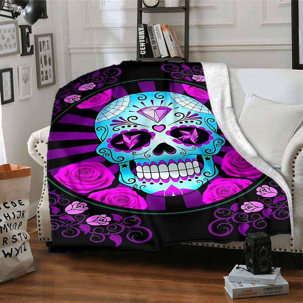 1pc Sugar Skull Roses Throw Blanket Soft Flannel, Cozy All Season Polyester Perfect for Home, Office