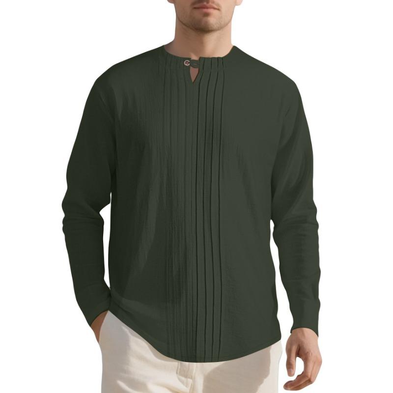 New Men's Casual Loose Long-sleeved T-shirt TK Press-pleated Cotton Linen Henry Collar Linen Beach Shirt