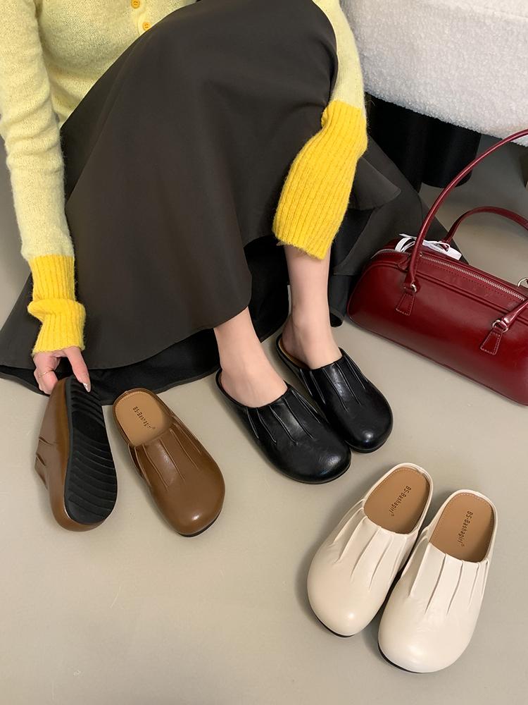 Fashion Outwear Round Toe Mules Daily Shoes For Women Retro Flats Slip On French Style Half Slippers Comfort Slides Soft Footbed Sandals
