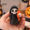 Small Gothic Room Accessories Cute Grim Reaper Halloween Figurine, 3D Printed Spooky Little Fun Party Tabletop Ornaments Statue with Flame Skull,