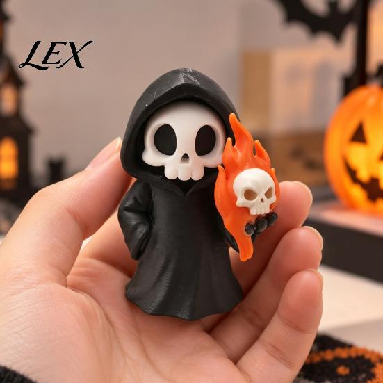 Small Gothic Room Accessories Cute Grim Reaper Halloween Figurine, 3D Printed Spooky Little Fun Party Tabletop Ornaments Statue with Flame Skull,
