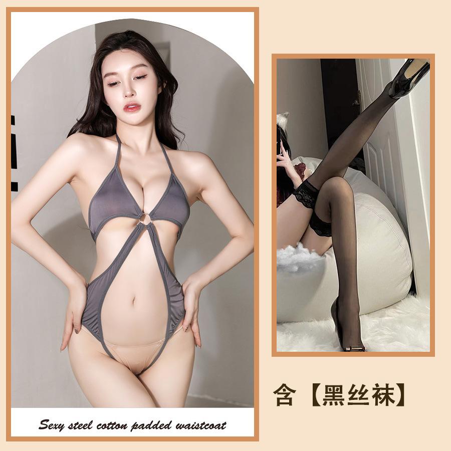 Sexy Lingerie Sexy Temptation Cross-show Chest Open Gear No-take-off Onesie Ice Silk High Elastic Pajama Suit Women