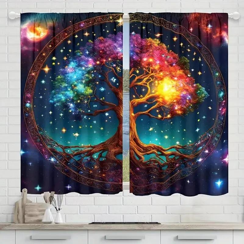 Colorful starry sky life tree pattern printed curtains   bedroom and living room   home decoration   room decoration