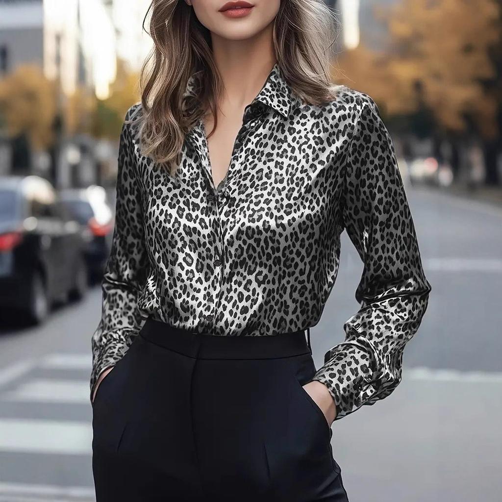 2025 Frühling Herbst Damen Leopardenmuster Bluse, Stretch-Satinhemd mit Button-Down-Design, Lässiges Locker sitzendes Oberteil für den täglichen Gebrauch