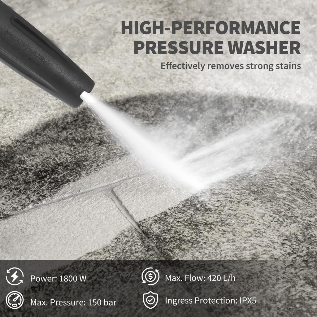 1800W High Pressure Washer, 150 Bar Pressure, 420 L/h Flow, Portable Power Washer Jet Wash Cleaner with Adjustable Nozzle, 6M Hose, Hose Reel