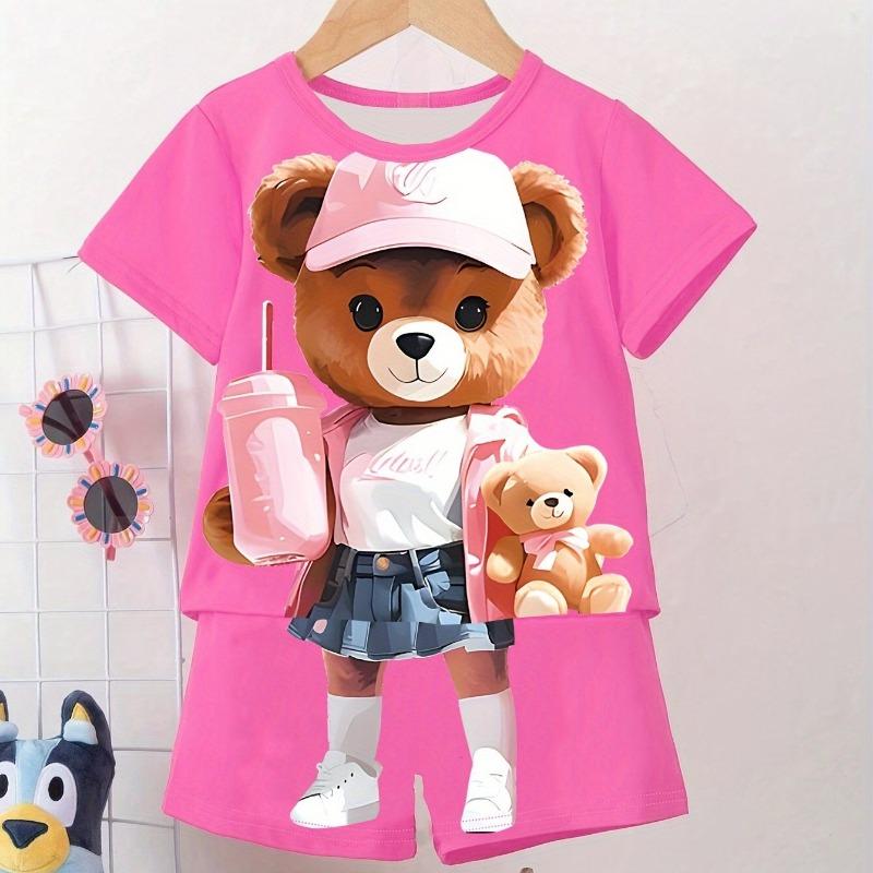 Men Clothes 2pcs Boys Fun Cartoon Bear Print Short Sleeve T-Shirt Shorts Set Summer Active Boys Complete Stylish Look