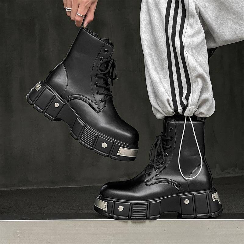 2025 Men's Motorcycle Boots Handmade Leather Lace-Up Platform Shoes Retro Street Style Comfy All-match Ankle Boots