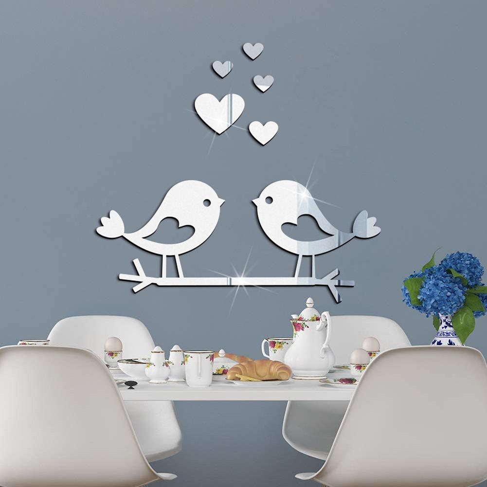 Acrylic Branch Bird Love-shape Mirror Sticker 3d Waterproof Self-adhesive Diy Valentine Day Decoration Mirror Wall Sticker