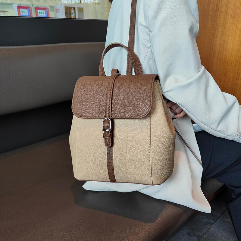 Contrast Color Fashion Backpack for Women 2025 New Large Capacity Genuine Leather Mom Bag Casual Ladies Soft Cowhide Backpack