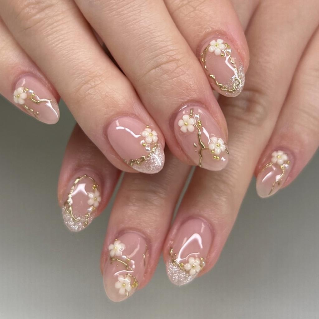 24Pcs Short Round Head Press on False Nails Yellow French 3D Flower Fake Nail for Woman Reusable Finished Full Cover Nails Tips