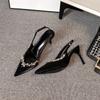 Schafslederversion~ Französisches Temperament Strass dünner Absatz Pendler spitze High Heels Damen Sommerbekleidung ein Wort mit Taschenkopf Sandalen