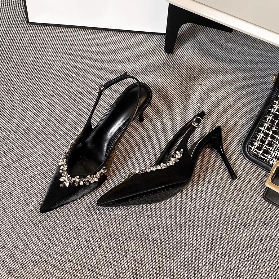 Schafslederversion~ Französisches Temperament Strass dünner Absatz Pendler spitze High Heels Damen Sommerbekleidung ein Wort mit Taschenkopf Sandalen