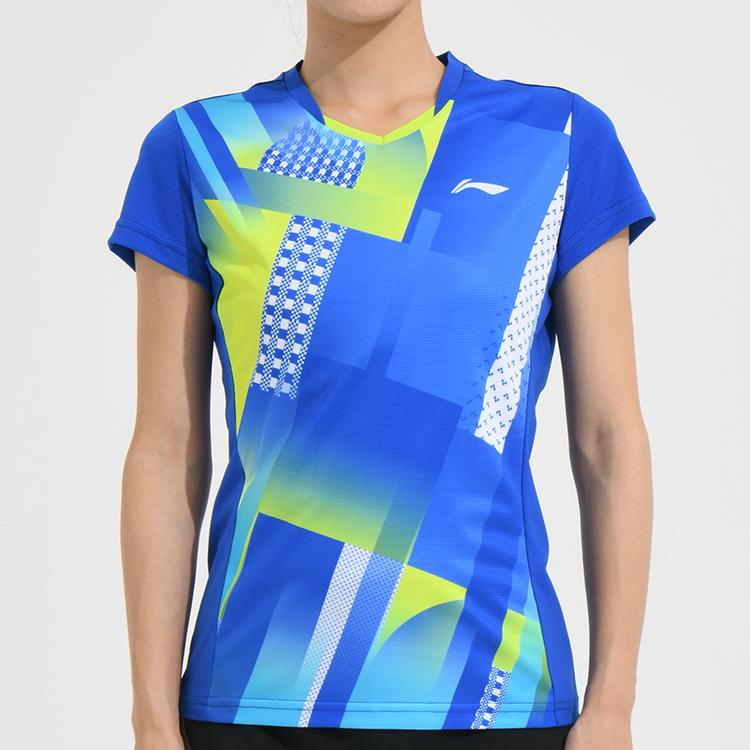 Li Ning Multifunctional Breathable Sweat-Absorbing Professional Competition Training Badminton Short Sleeve T-Shirt Women Tops Crystal-Blue AAYS064-2