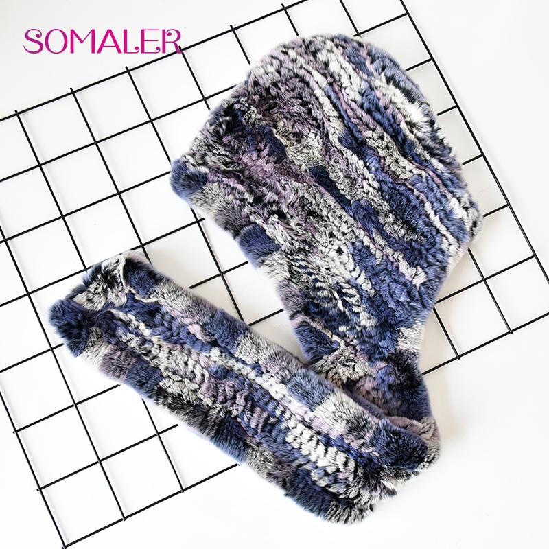 SOMALER Vinter kaninpelshue Skjerf for kvinner Russisk stil strikket pelsbeanies og skjerf