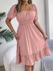 Women Casual Square Neck Short Sleeve High Waist Ruffle A Line Midi Dress