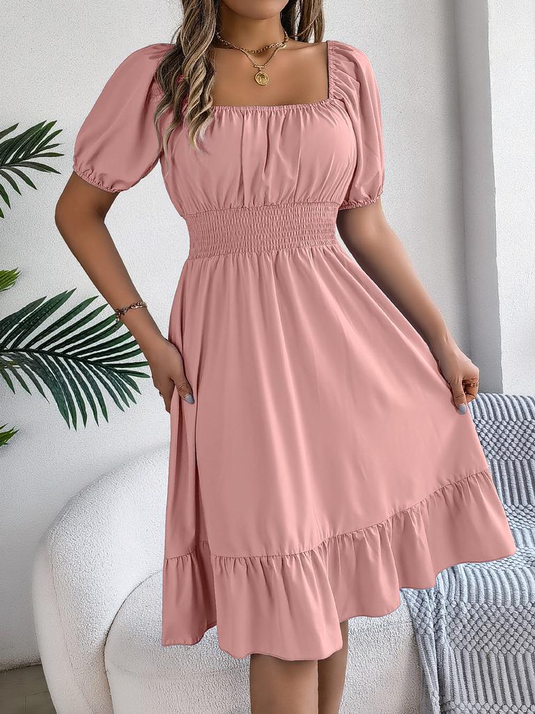 Women Casual Square Neck Short Sleeve High Waist Ruffle A Line Midi Dress