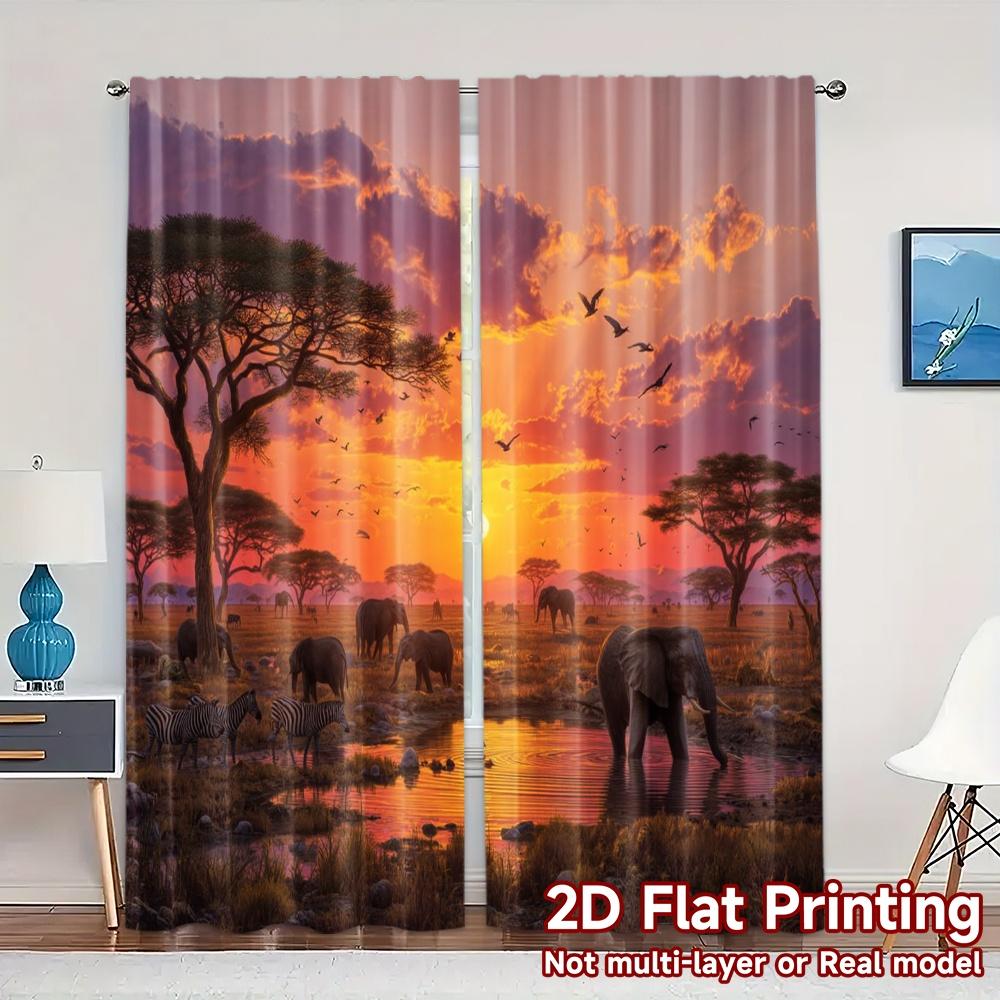 

2pcs 2D FLAT PRINTING Curtains (Without Rod) Savanna Sunset(1) Chic Curtains Versatile Polyester Curtains Decorations 100*130 Grommet Top 1pcs