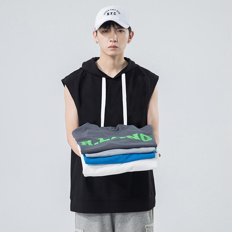 

Summer Fashion Label Hooded Sleeveless T-shirt Men s Waffle Solid Color Men s Sports Bottom Vest Loose Fitting T-shirt XXXL