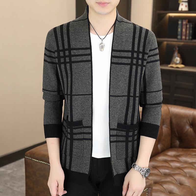 Hot Sale, Men's Long Sleeve Knitted Sweater Plaid Cardigan Youth Fashion Casual Sweater Jacket