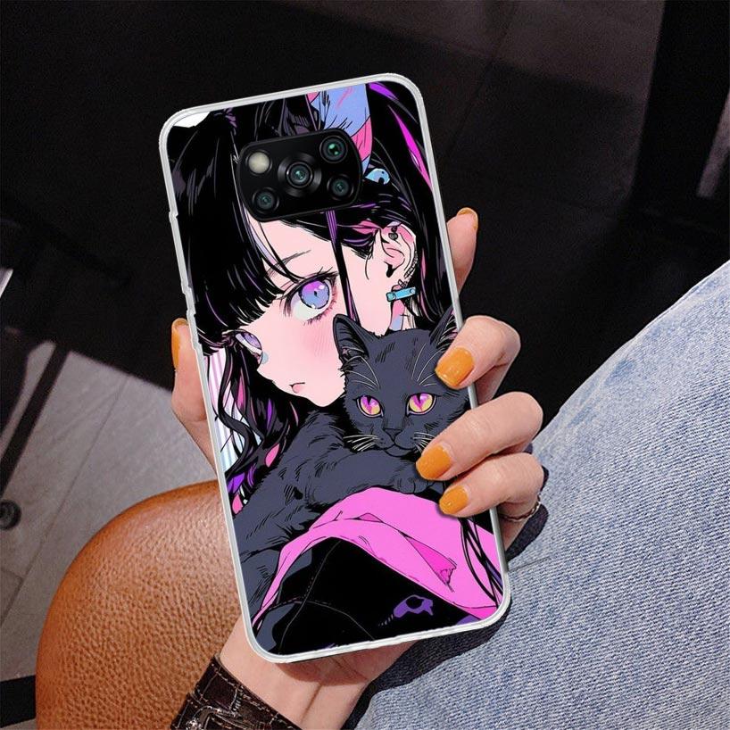 Anime Girls Cute Black Cat Phnoe Case for Xiaomi Poco X5 X6 X7 Pro X4 Gt F7 Ultra M8 M7 Redmi 15C 15 13C 13 12C 12 Unique Cover