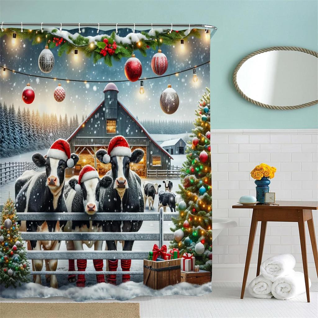 Fabric Christmas Shower Curtain Set- Vintage Xmas Tree Fireplace Winter Holiday Bath Bathroom Decor Curtain Polyester,Washable